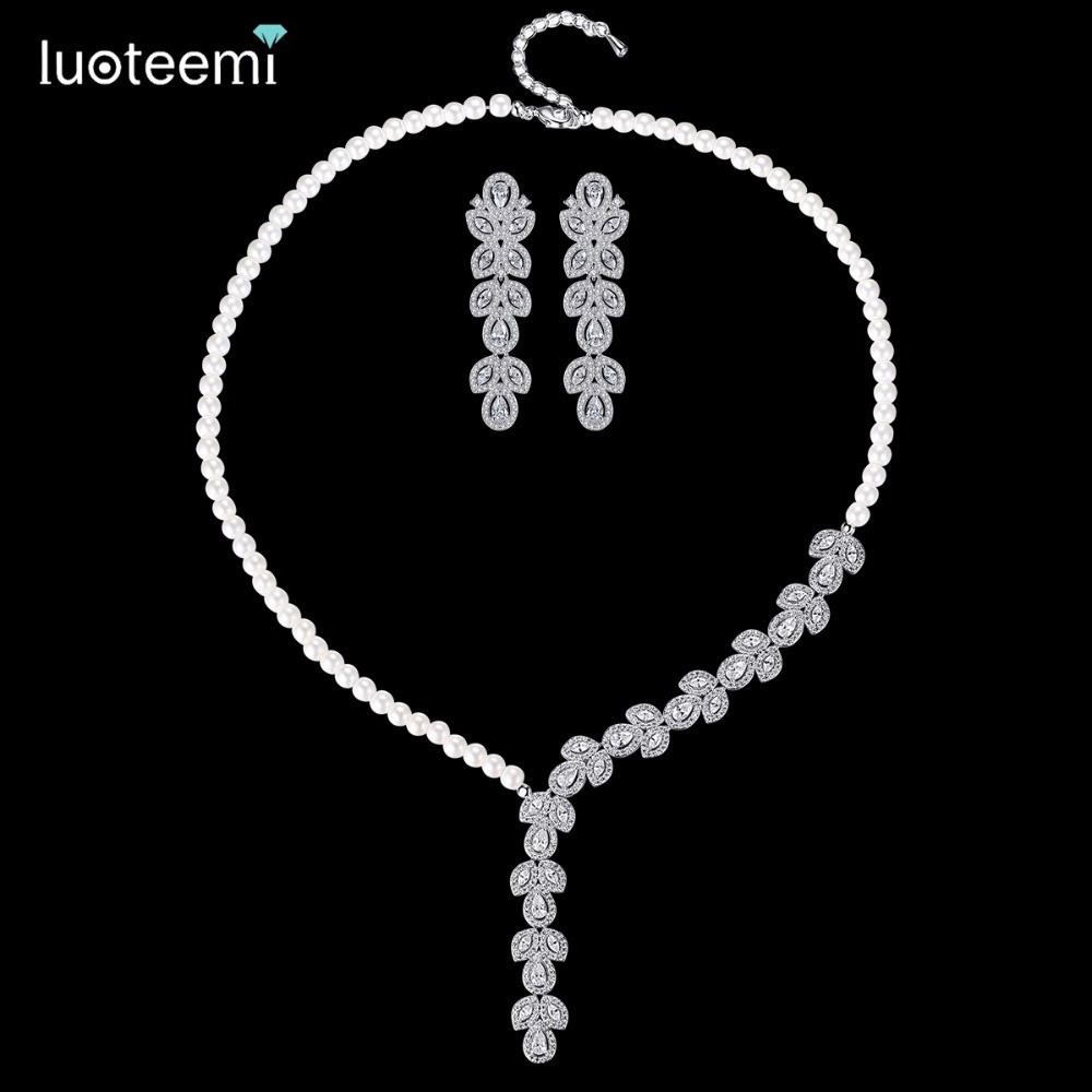 LUOTEEMI African Jewelry Set for Bride Imitation Pearls Beaded Statement Waterdrop Choker Necklace Earrings Sets Wedding Jewelry