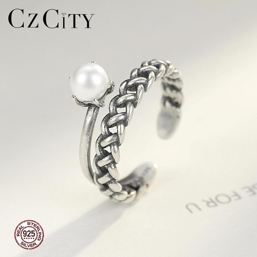 CZCITY Imitation Pearl Rings 925 Silver Vintage Punk Fashion Ring Girls and Boys Fine Jewelry for Women