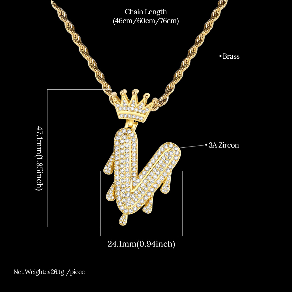 JINSE Men Gold Plated Hip Hop Twist Chain 26 Initial Letter Pendant Necklace Jewelry with Full 3A Zircon Stone