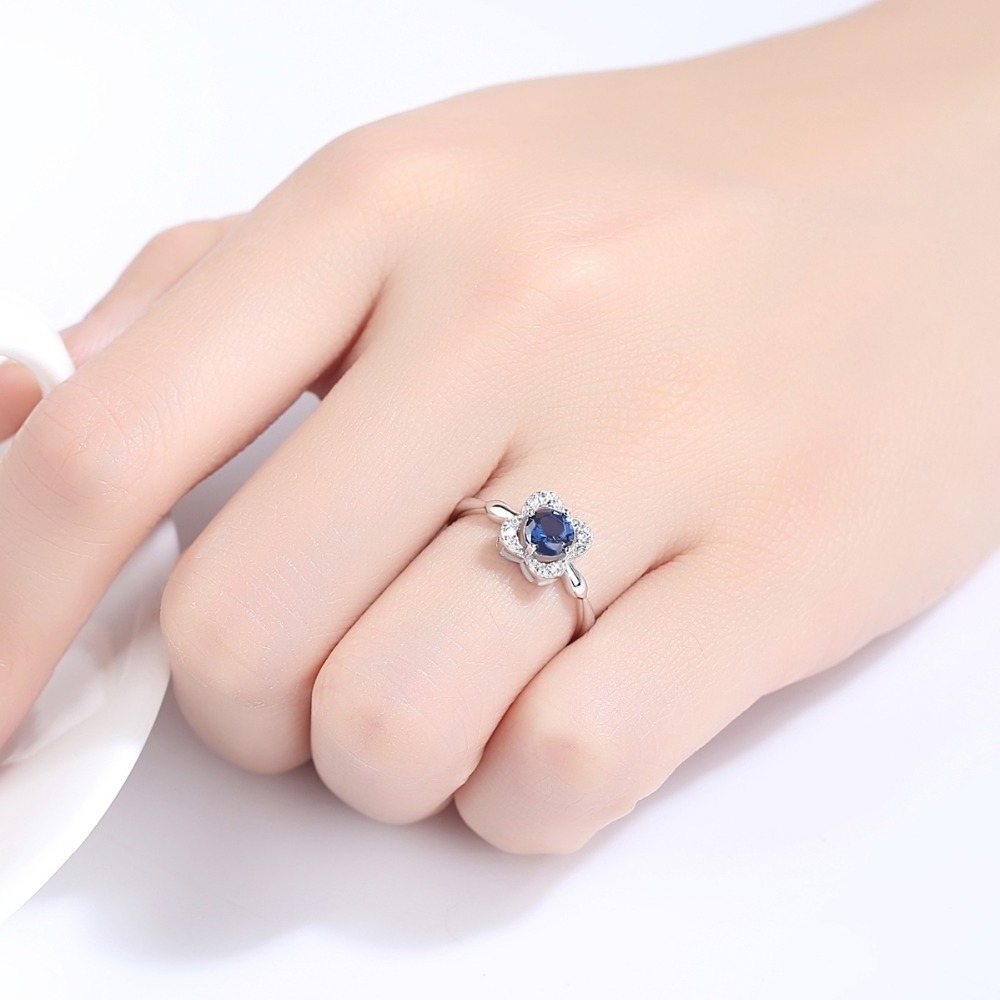 CZCITY Blue Gem Crystal Rhinestone CZ 925 Sterling Silver Flower Rings Smooth Surface Adjustable Gemstone Ring