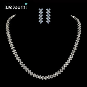 LUOTEEMI Tops Fashion Luxury Rome 3Rows 2.75mm A AA Cubic Zirconia Earring Necklace Bridal Jewelry Sets For Women