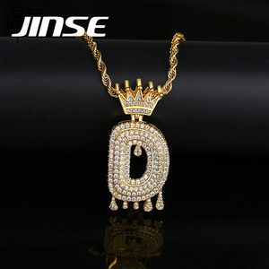 JINSE Men Gold Plated Hip Hop Twist Chain 26 Initial Letter Pendant Necklace Jewelry with Full 3A Zircon Stone