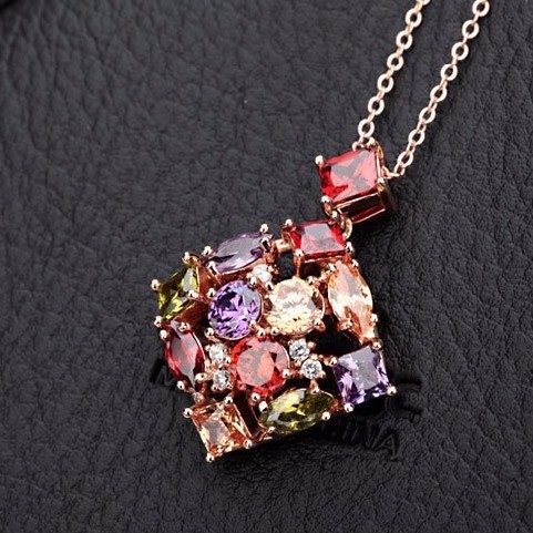 LUOTEEMI New Design Multicolor A AA Zircon Rose Gold Plated Square Muti Color Gem Stone Pendant Necklace