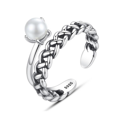 CZCITY Imitation Pearl Rings 925 Silver Vintage Punk Fashion Ring Girls and Boys Fine Jewelry for Women