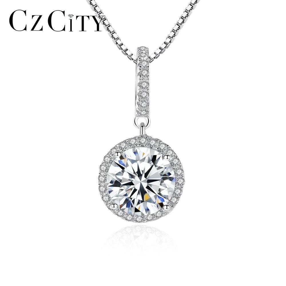 CZCITY 925 Sterling Silver Necklace Chains Pendant Women Jewelry Elegant Style Round CZ Pendants