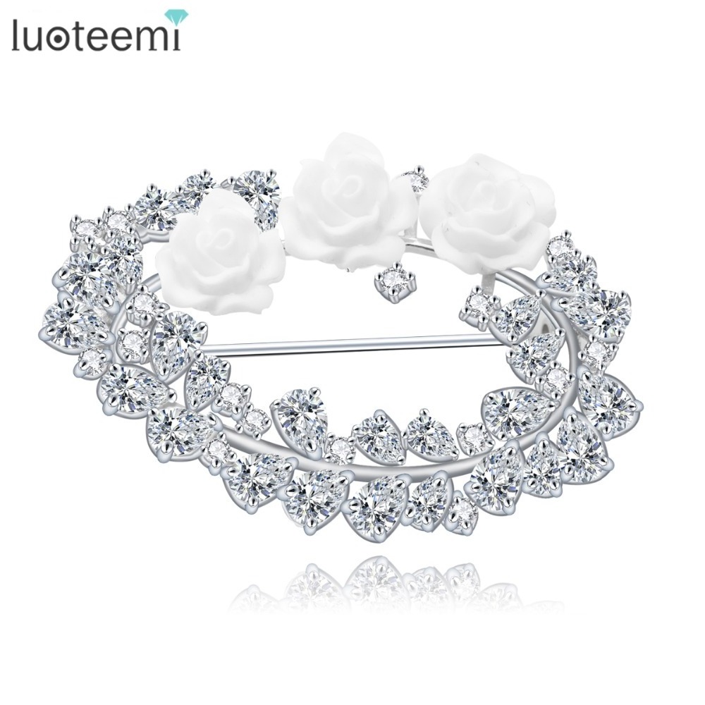 LUOTEEMI Top Fashion Luxury Elegant Women Full Zircon Crystal Rose Flower Brooch Pin Brooches