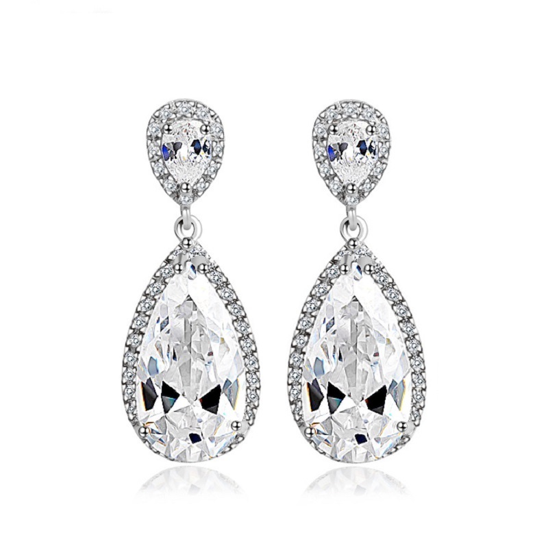 LUOTEEMI Wholesale Wedding Jewelry Luxury Rhodium Plated Elegant Teardrop Shape White CZ Stone Fashion Waterdrop Bridal Earrings