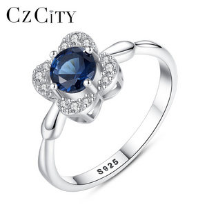 CZCITY Blue Gem Crystal Rhinestone CZ 925 Sterling Silver Flower Rings Smooth Surface Adjustable Gemstone Ring