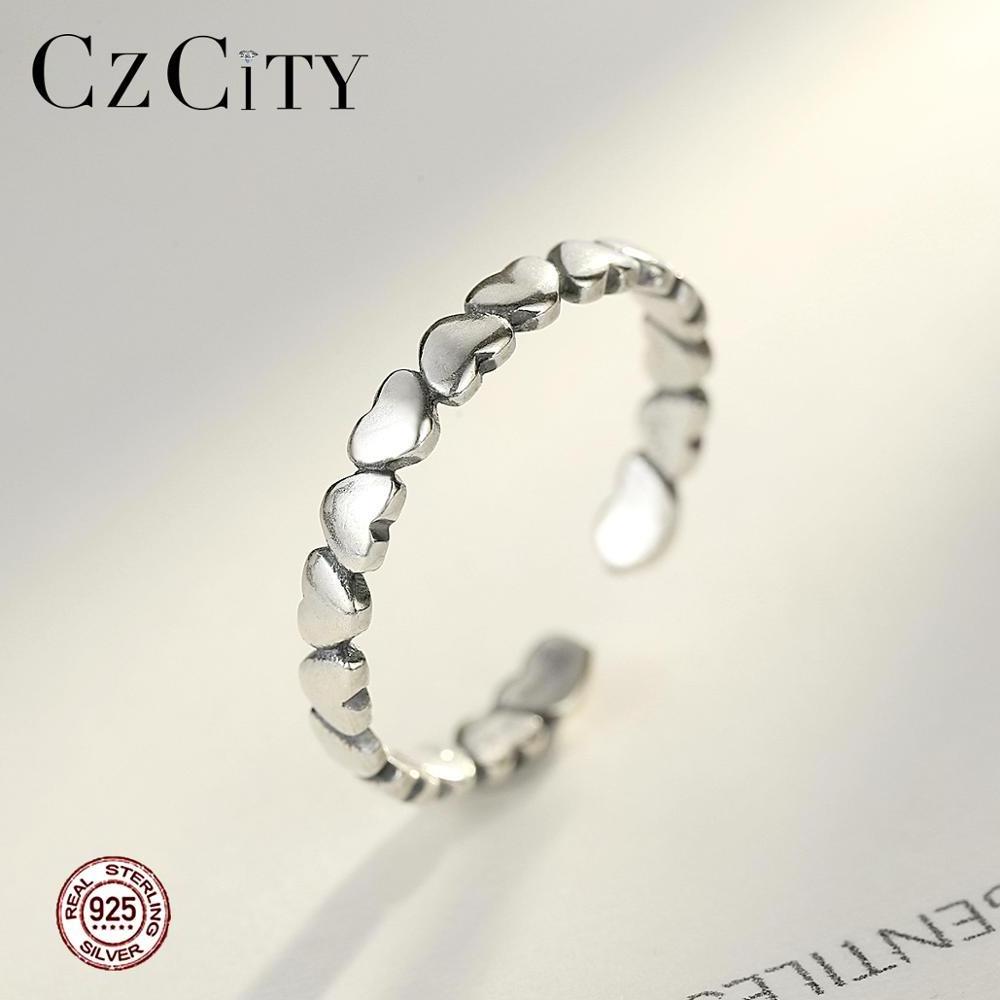 CZCITY 925 Sterling Silver Adjustable Rings Women Wholesale Minimalism Heart Design Open Ring