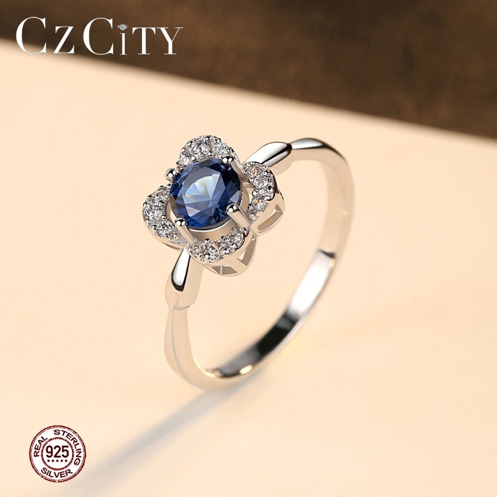 CZCITY Blue Gem Crystal Rhinestone CZ 925 Sterling Silver Flower Rings Smooth Surface Adjustable Gemstone Ring