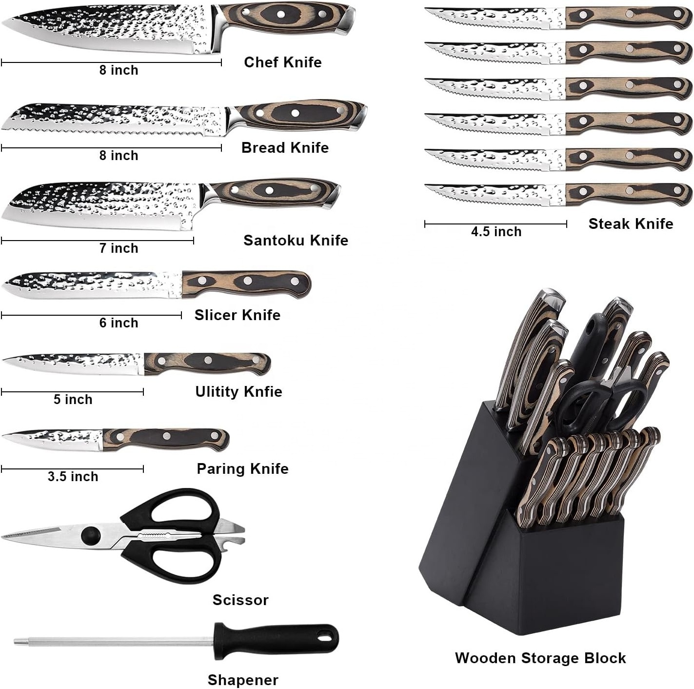 High Quality Stainless Steel Forged Kitchen Knife Sets 15 Piece Fruit Paring Scissors Chef Knives With Wooden Handle And Block