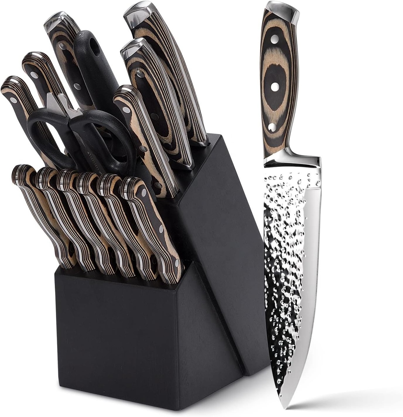 High Quality Stainless Steel Forged Kitchen Knife Sets 15 Piece Fruit Paring Scissors Chef Knives With Wooden Handle And Block