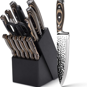 High Quality Stainless Steel Forged Kitchen Knife Sets 15 Piece Fruit Paring Scissors Chef Knives With Wooden Handle And Block