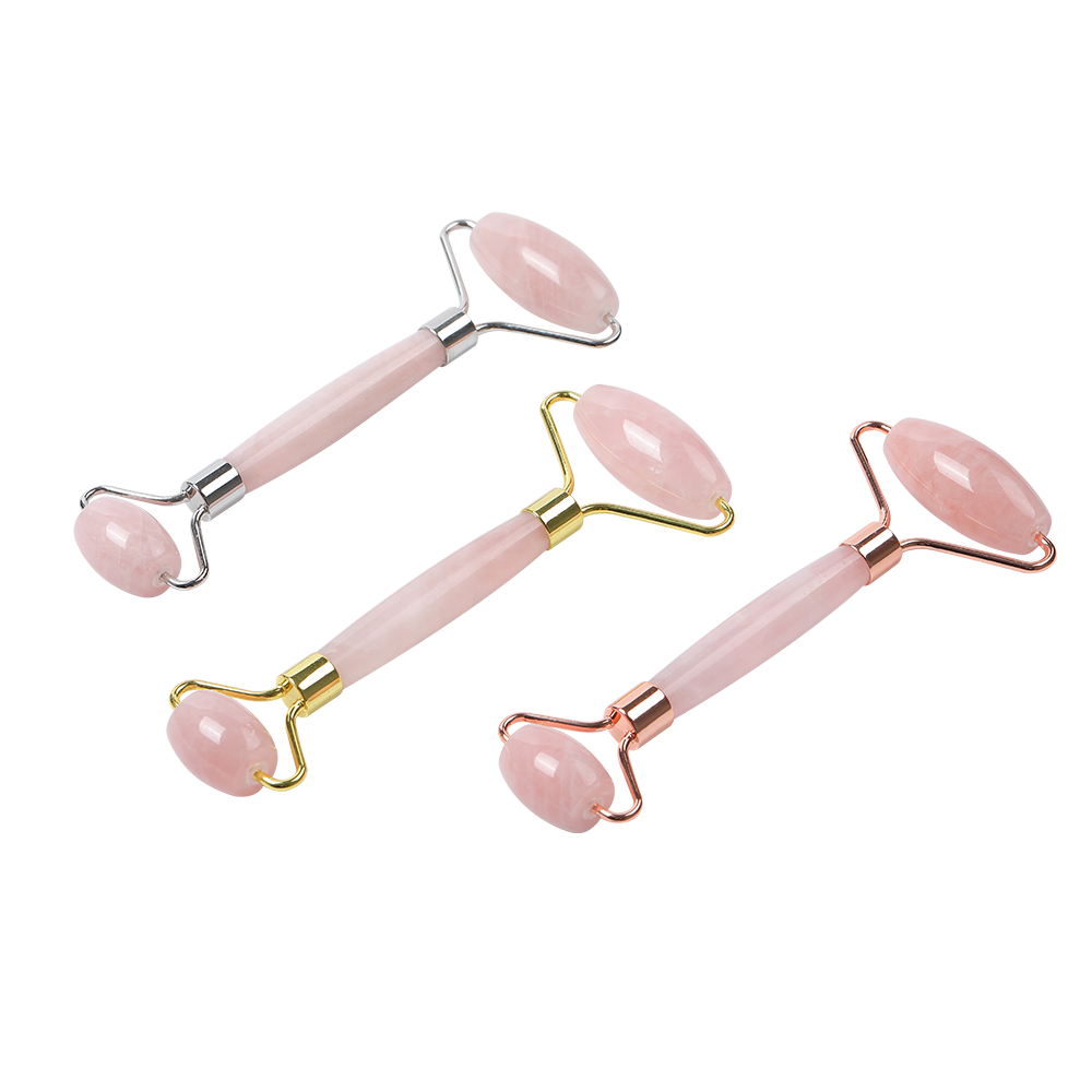 Rose Quartz Facial Roller Jade Roller Welded Metal Frame 100% Natural Rose Quartz Stone Silver