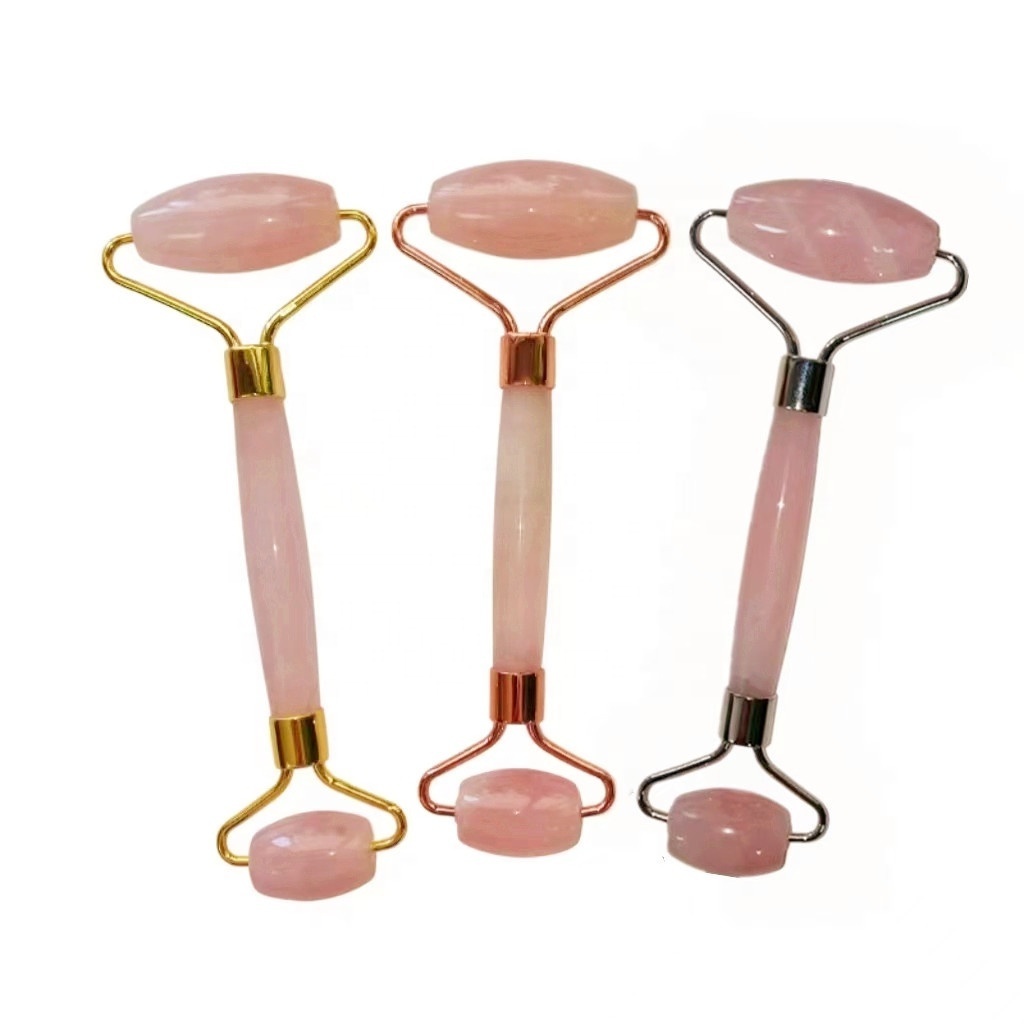 Rose Quartz Facial Roller Jade Roller Welded Metal Frame 100% Natural Rose Quartz Stone Silver