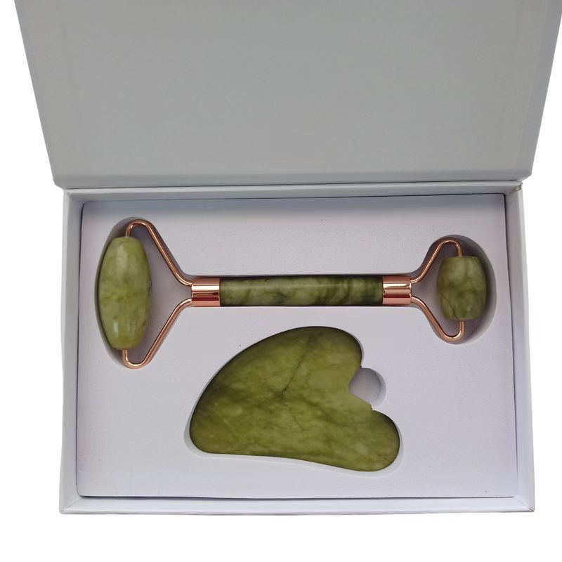 Natural Jade Guasha 2 in 1 Face and Body Massage Tool Green Phenix Jade Skincare Massager Jade Roller and Gua Sha Set with Box