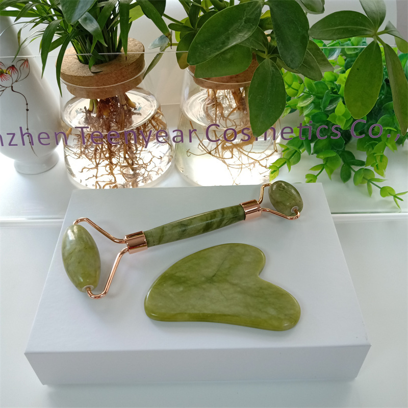 Natural Jade Guasha 2 in 1 Face and Body Massage Tool Green Phenix Jade Skincare Massager Jade Roller and Gua Sha Set with Box