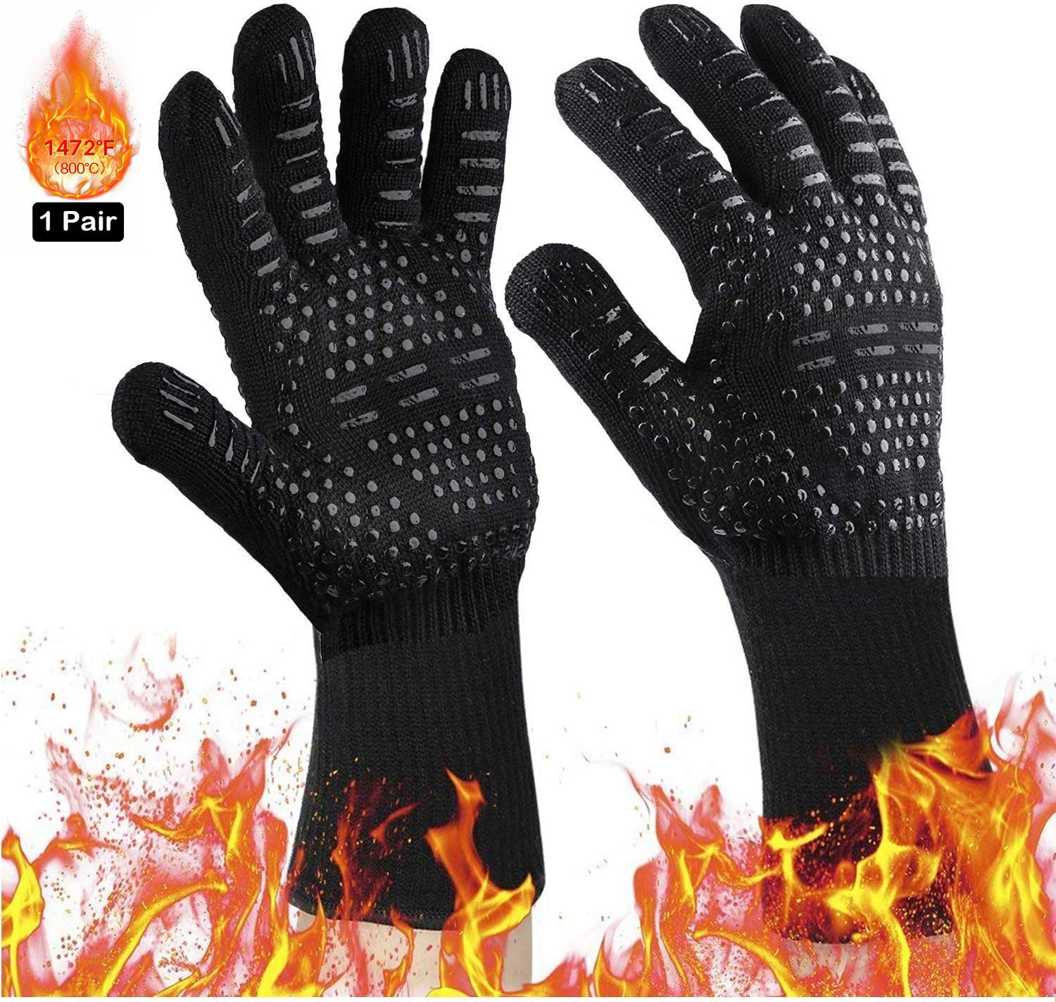 2023 hot sale 1472F Heat Resistant Non-slip Cotton BBQ Grill Gloves with Silicone Coating