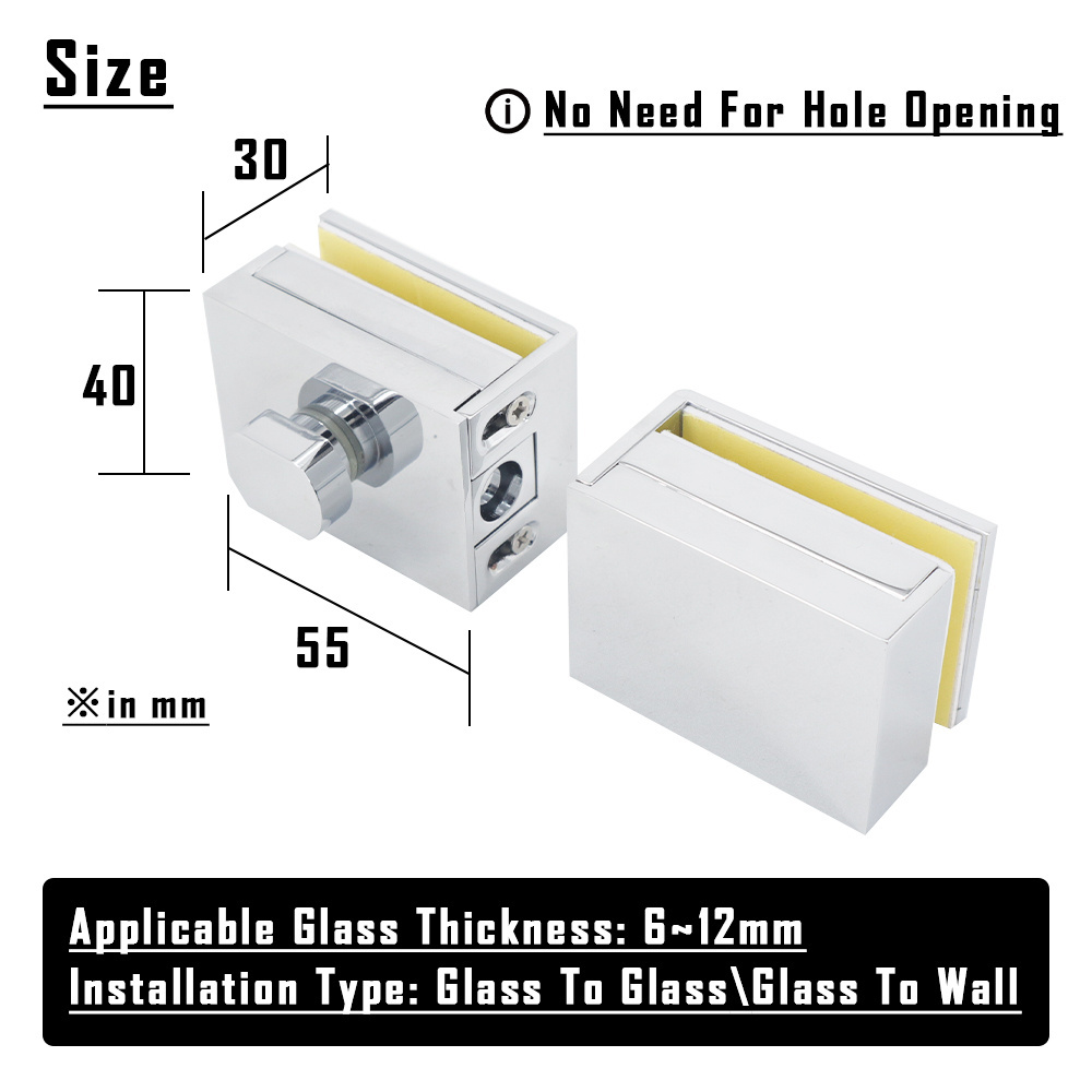 No Drilling Install Glass Door Lock Single/Double Side SUS304 Sticky Bathroom Glass Lock