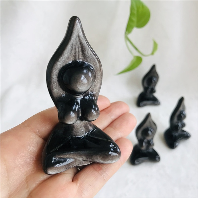 Natural silver obsidian female body crystal yoga goddess model for gift decoration