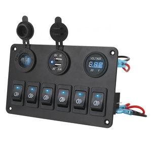 Car Marine Circuit Breaker ON/OFF USB Port LED Digital Voltmeter DC 12V/24V 6 Gang Rocker Switch Panel  For Car RV Truck ATV UTV