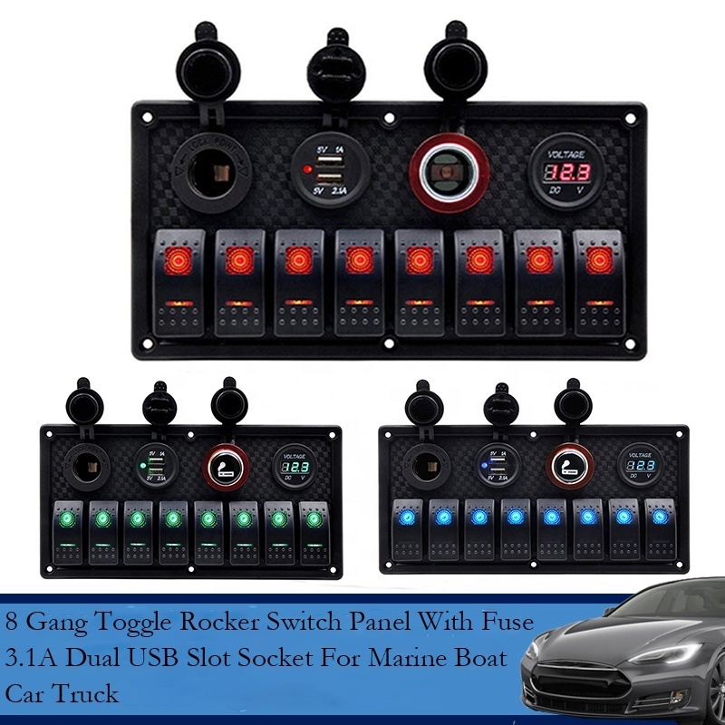 Car Boat Truck Marine  12V 24V 8 Gang Rocker Switch Panel With Dual USB Charging Circuit Breaker Voltage Overload Protection