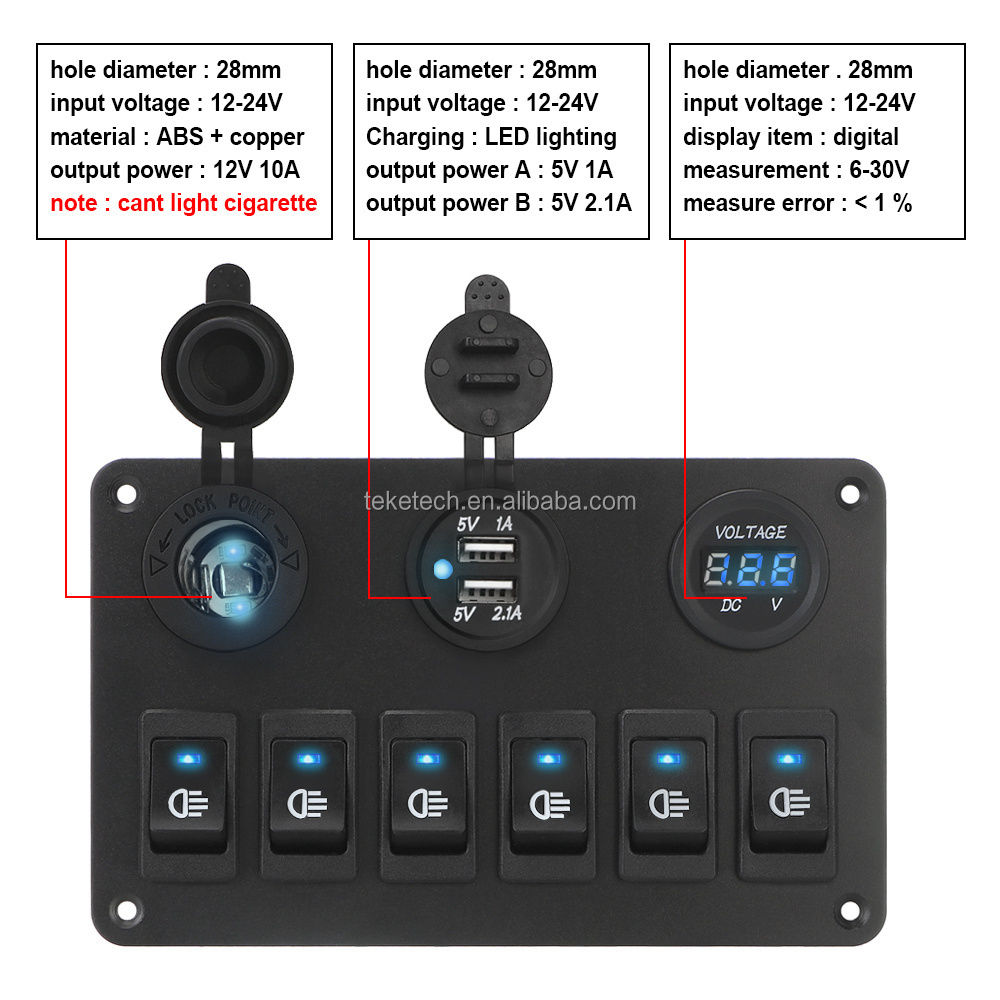 Car Marine Circuit Breaker ON/OFF USB Port LED Digital Voltmeter DC 12V/24V 6 Gang Rocker Switch Panel  For Car RV Truck ATV UTV