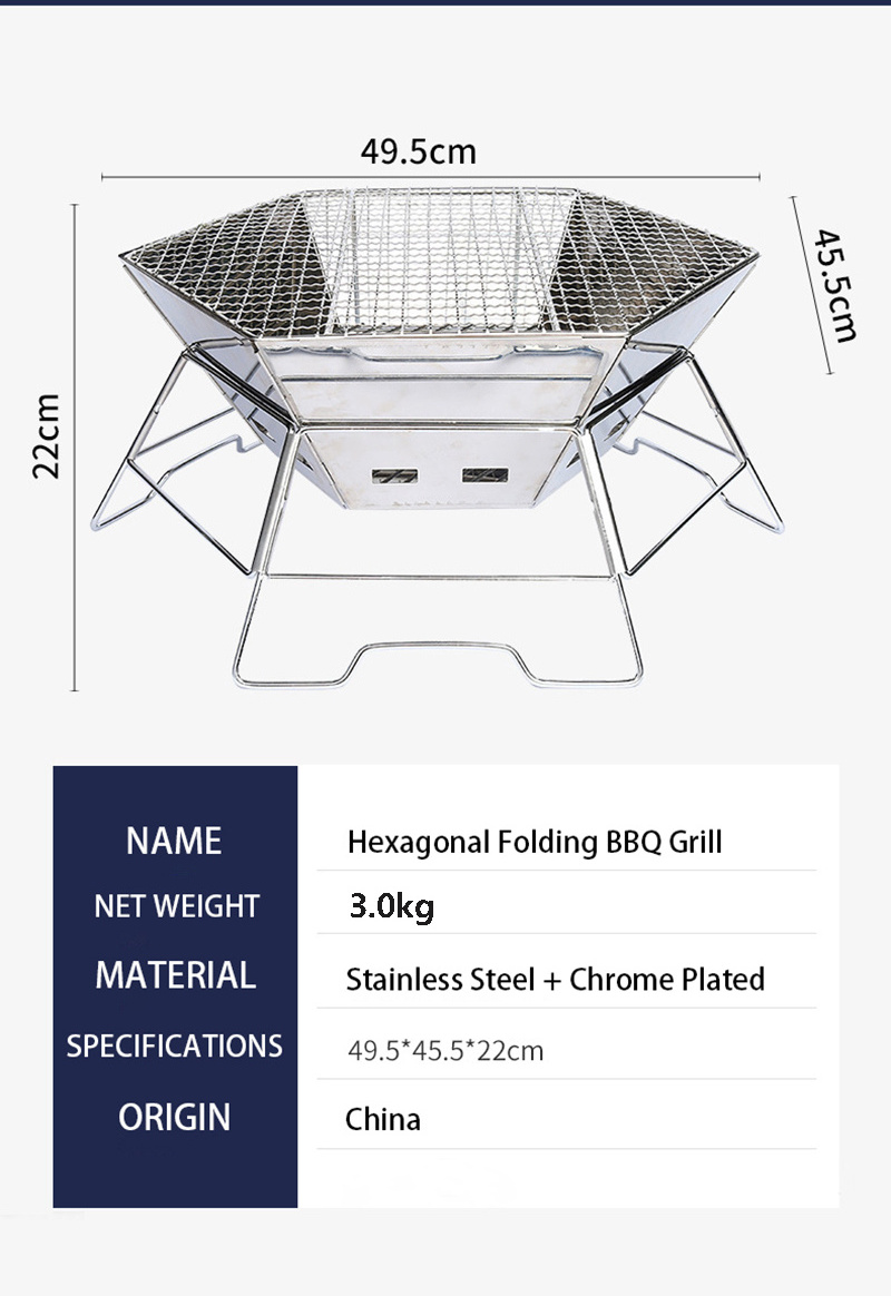 Outdoor Camping Wood Burned Stove Hexagonal Table BBQ Grill Folding Portable Fire Pit Stainless Steel Burning Wood Incinerator