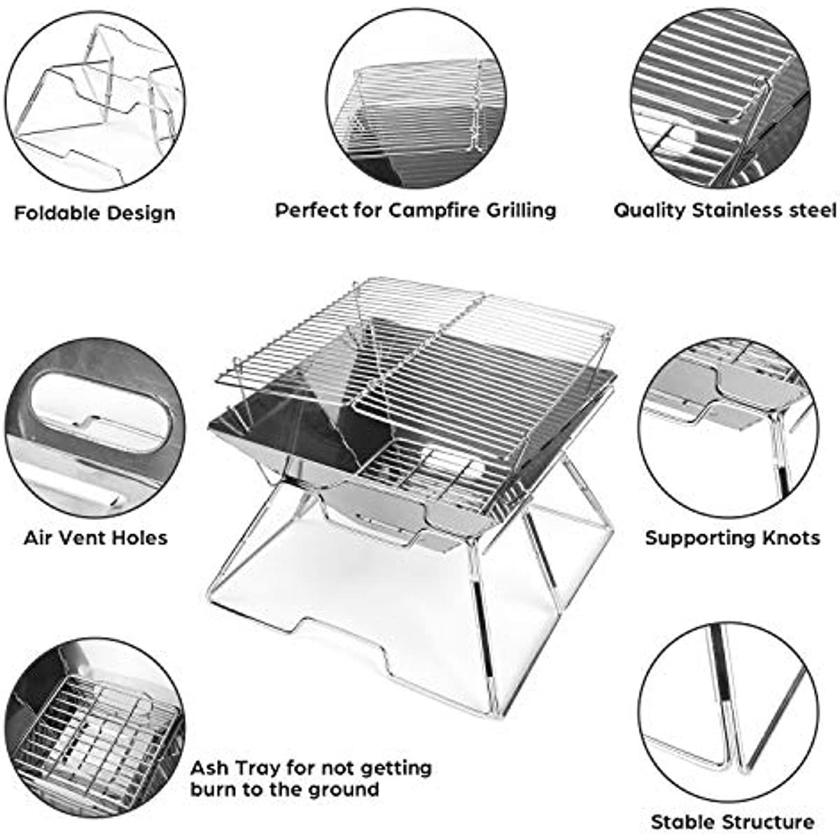 Folding Camping Grill with 304 Stainless Steel Grate BBQ Grill Portable Campfire Wood Stove for Outdoor Picnics Backpacking