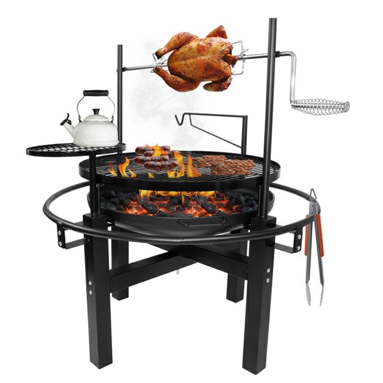 Sample Free Multifunction Outdoor Stainless Steel Charcoal Barbecue Rotisserie Fire Pit With 2 layers Cooking Grid