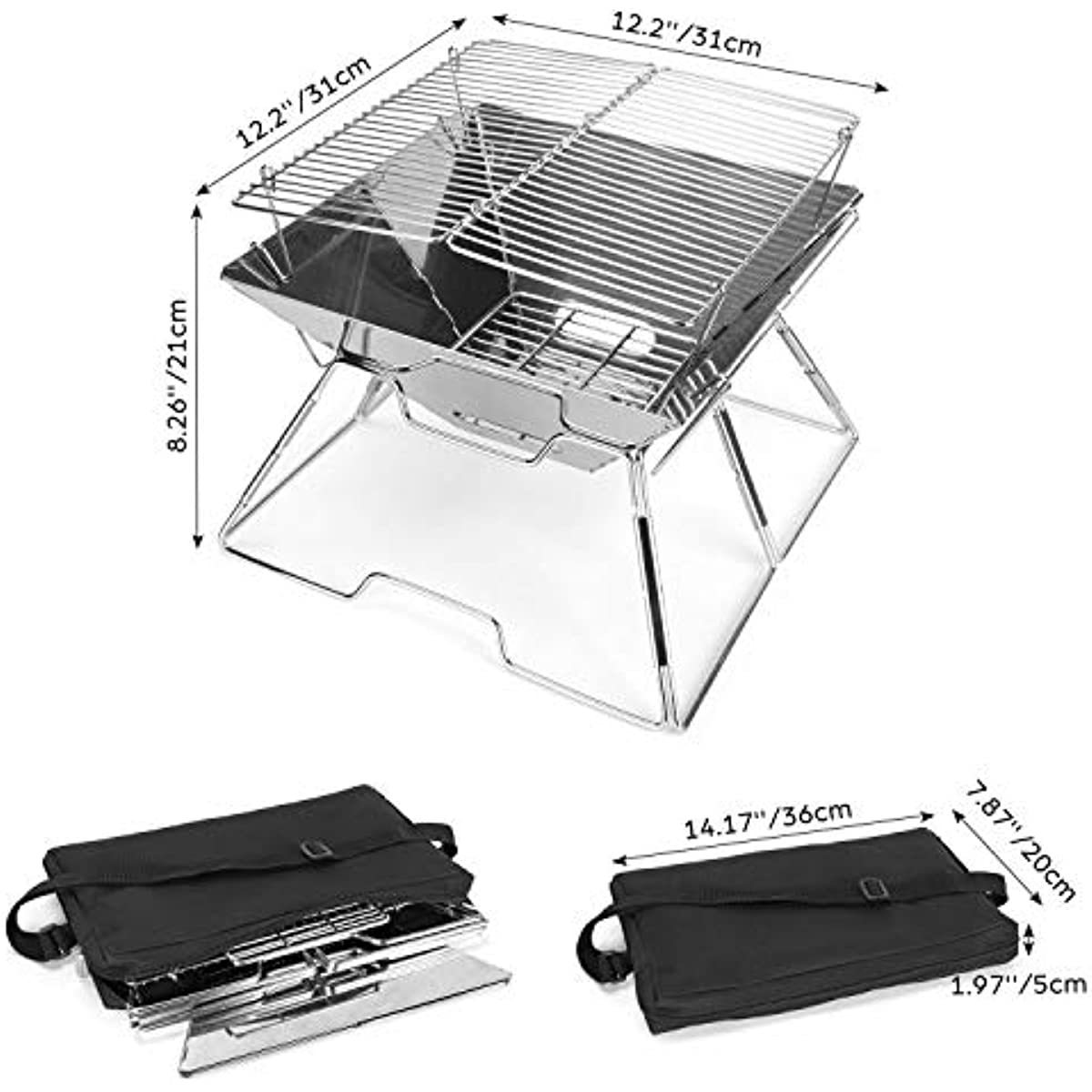 Folding Camping Grill with 304 Stainless Steel Grate BBQ Grill Portable Campfire Wood Stove for Outdoor Picnics Backpacking