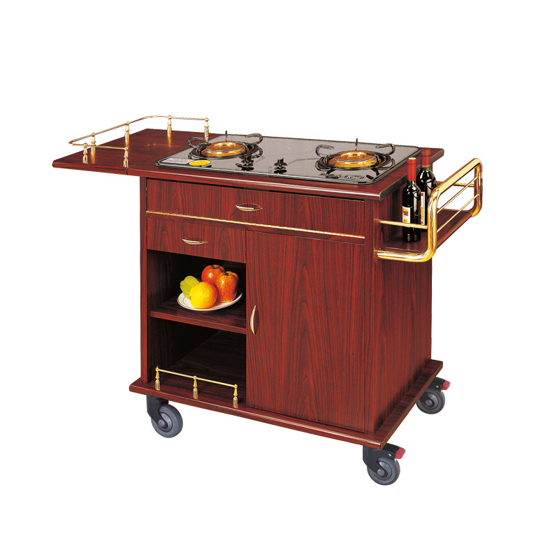 Restaurant Street Foldable Cooking Cart MDF Double Head Stove Food Serving Soup Flambe Trolley