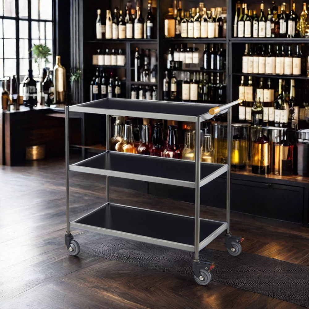 Black Multi Layer Serving Trolley 3 Tier Food and Wine Drink Beverage Bar Cart for Hotel Banquet Wedding Party