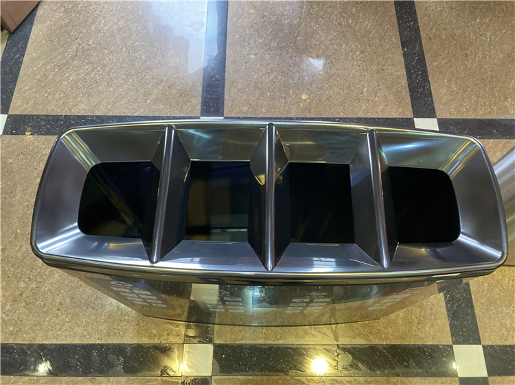 Airport Standing Open-Top 4 Compartment Dust Bin Hotel Stainless Steel Recycle Rubbish Bin for Paper Cans Plastic General