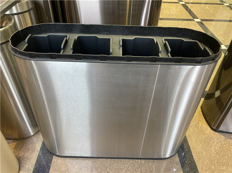 Airport Standing Open-Top 4 Compartment Dust Bin Hotel Stainless Steel Recycle Rubbish Bin for Paper Cans Plastic General