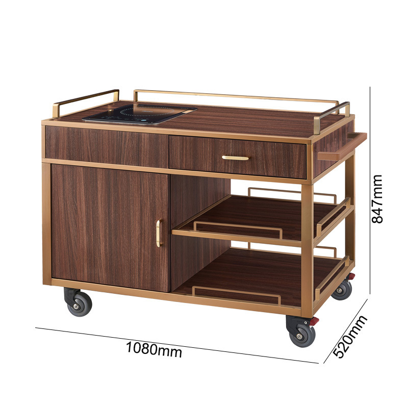 Restaurant Wood Serving Cart 3 Layers Rose Gold Cooking Flambe Trolley with Single Induction Cooker Oven and Drawer Handle