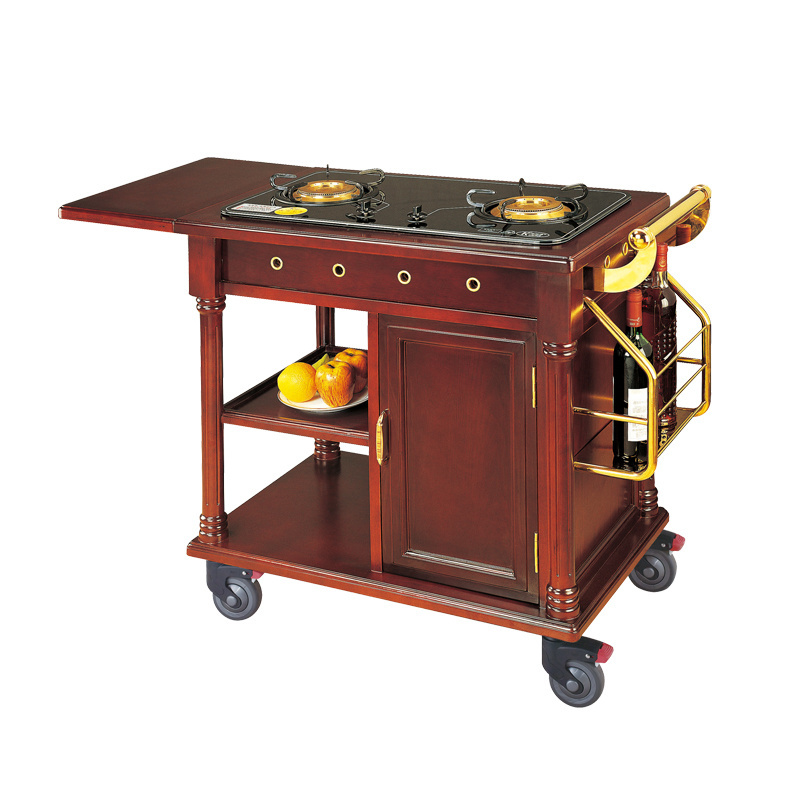 Kitchen Appliance Deluxe Cooking Cart Double Head Stove Dual Burner Stand Food Serving Flambe Trolley