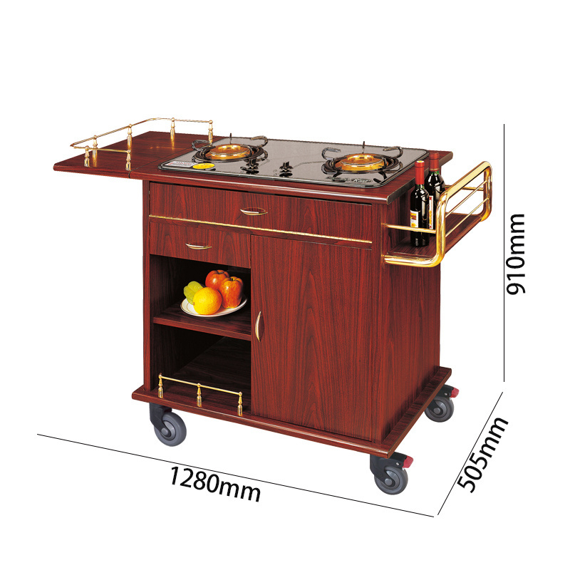 Restaurant Street Foldable Cooking Cart MDF Double Head Stove Food Serving Soup Flambe Trolley