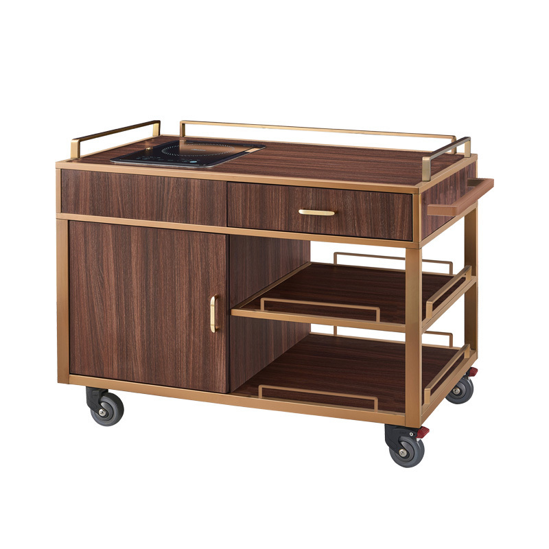 Restaurant Wood Serving Cart 3 Layers Rose Gold Cooking Flambe Trolley with Single Induction Cooker Oven and Drawer Handle