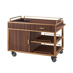 Restaurant Wood Serving Cart 3 Layers Rose Gold Cooking Flambe Trolley with Single Induction Cooker Oven and Drawer Handle