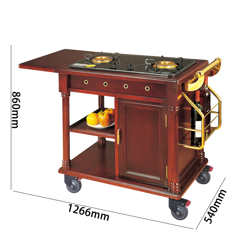 Kitchen Appliance Deluxe Cooking Cart Double Head Stove Dual Burner Stand Food Serving Flambe Trolley