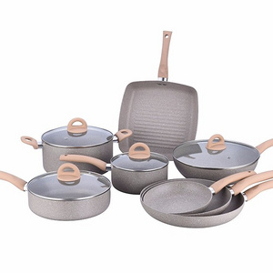 Long Service Life 12pcs kitchen wear cookware set wooden handle cookware sets  marble cookware set