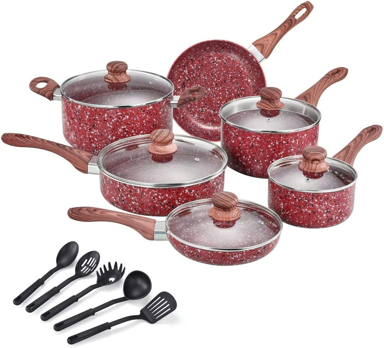 Kitchen cooking utensils pots and pans Marble Coating  kitchen ware  cooking pot set non-stick cookware With Wood soft tou