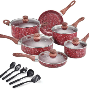 Kitchen cooking utensils pots and pans Marble Coating  kitchen ware  cooking pot set non-stick cookware With Wood soft tou