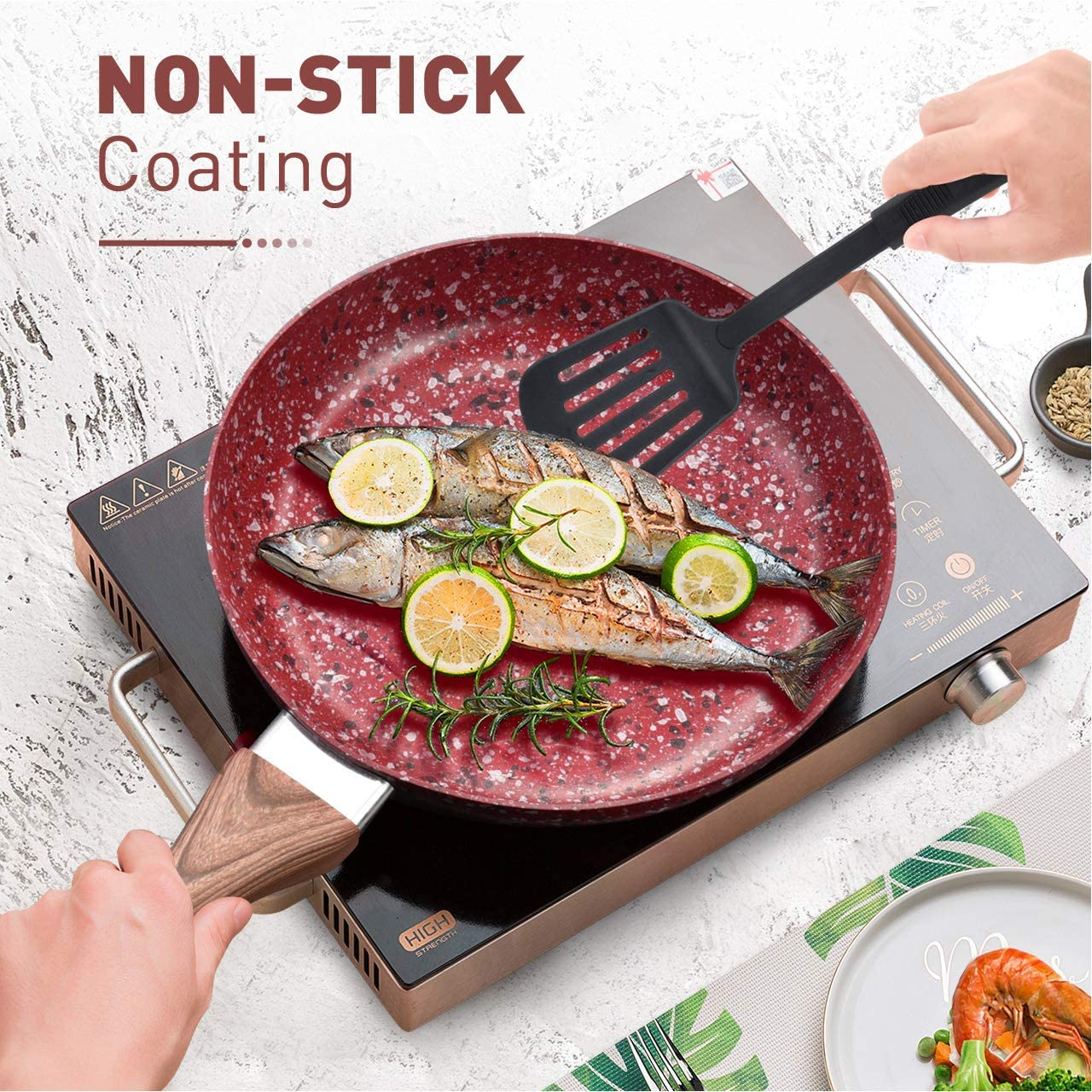 Kitchen cooking utensils pots and pans Marble Coating  kitchen ware  cooking pot set non-stick cookware With Wood soft tou