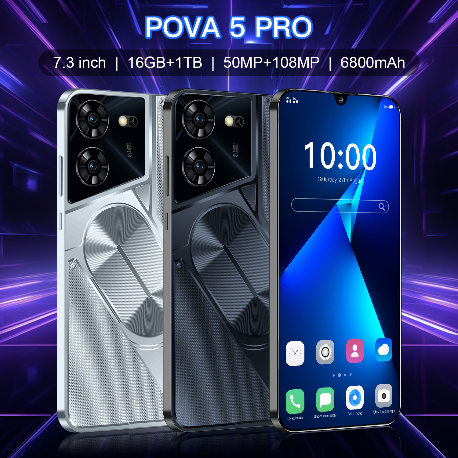 New Original Pova 5 Pro 7.3 inch 16GB+1TB Android smartphone 5G LET phone HD screen Unlocked Mobile phone