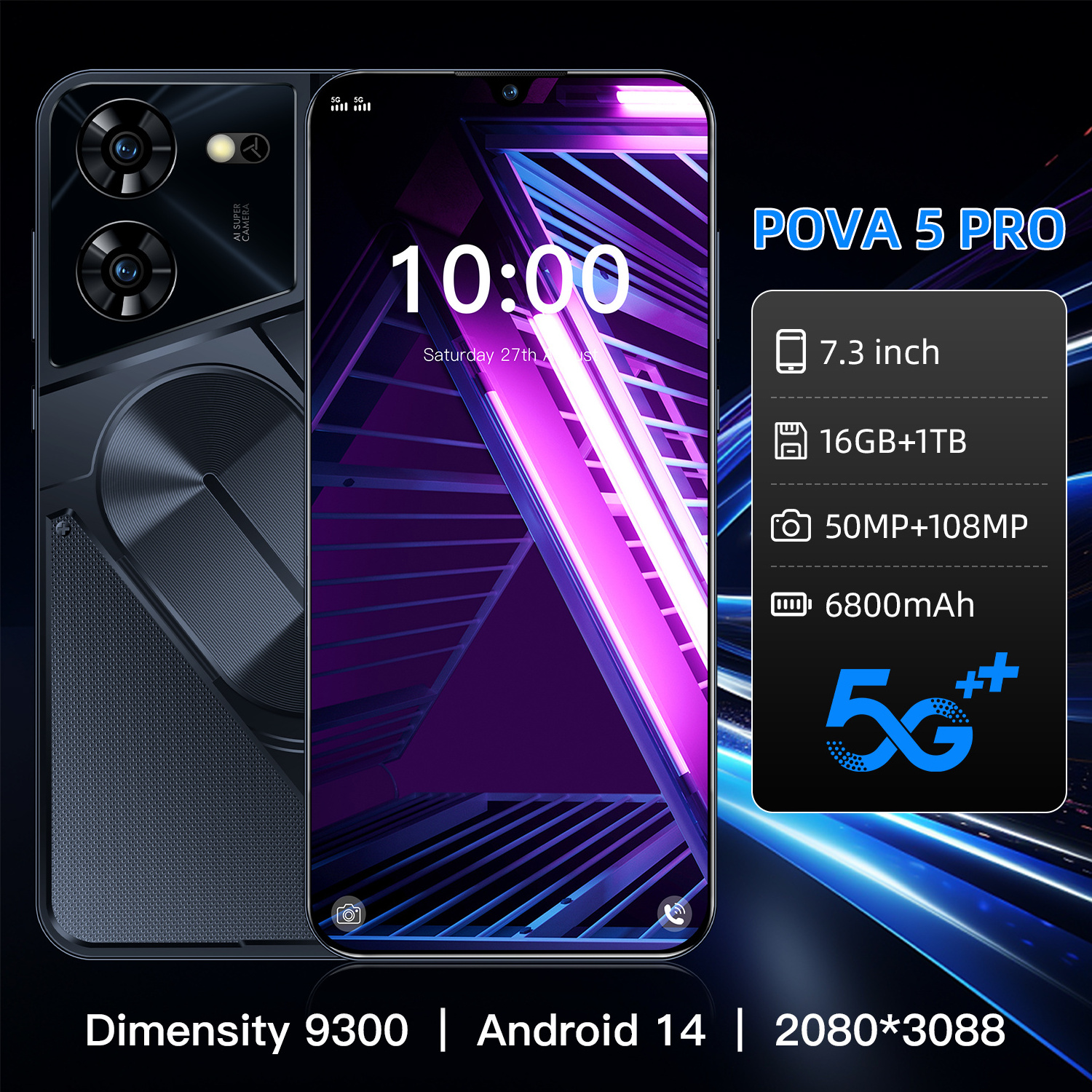 New Original Pova 5 Pro 7.3 inch 16GB+1TB Android smartphone 5G LET phone HD screen Unlocked Mobile phone