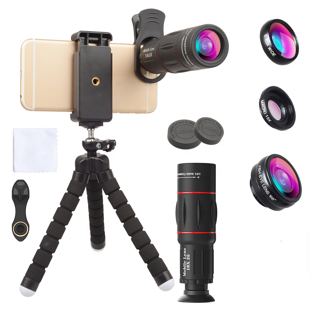 APEXEL 4 in 1 Universal Cell Phone Camera Lens Kit 18X Telephoto Lens with Wide Angle Macro Fish Eye Lens Tripod