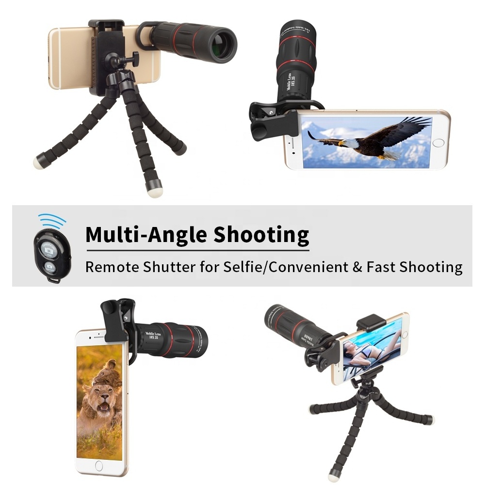 APEXEL 4 in 1 Universal Cell Phone Camera Lens Kit 18X Telephoto Lens with Wide Angle Macro Fish Eye Lens Tripod