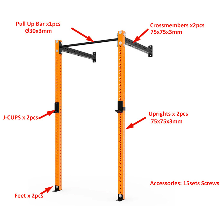 Tellus Fitness 3 x 3 inch Wall Mounted Fold-in Power Cage Squat Rack with Adjustable Pull Up Bar and J Hooks